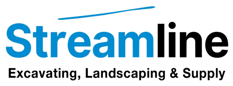 The Streamline Excavating, Landscaping and Supply logo: "Stream" in blue and "line" in black beneath a rising blue line, above the words "Excavating, Landscaping & Supply".