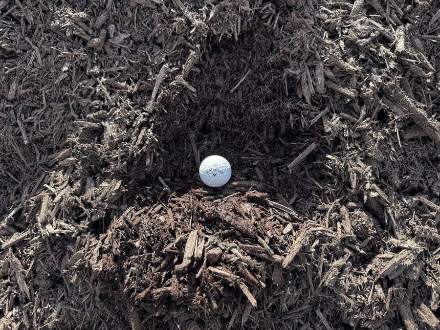 Shredded red-brown mulch, with a golf ball resting on the pile for scale.